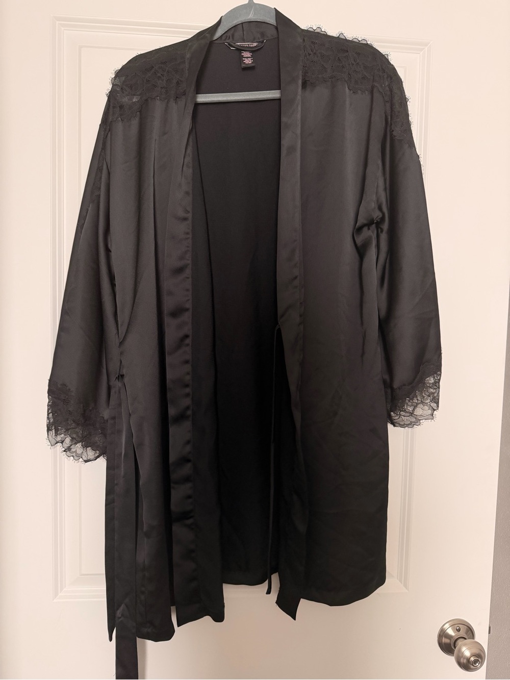 Victoria's Secret Black Satin Robe with Lace Trim